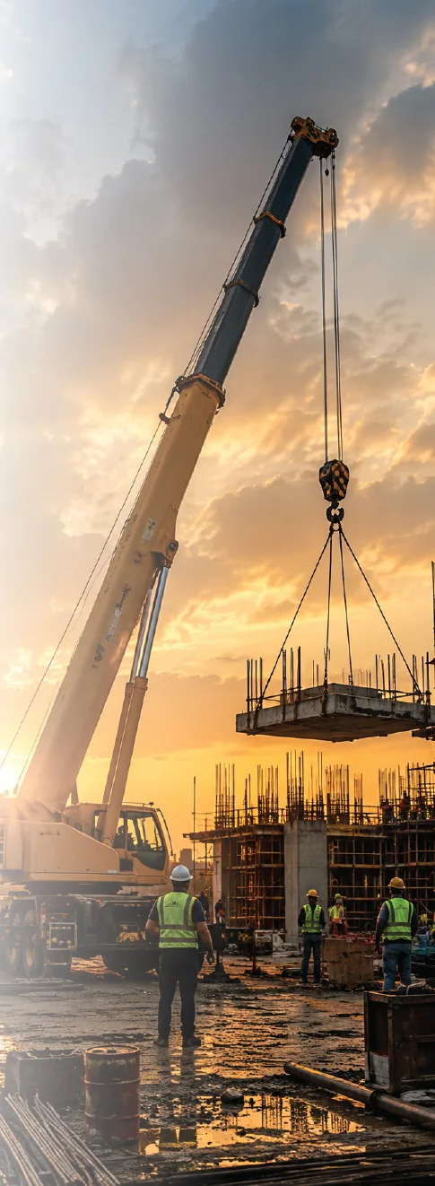 Crane lifting materials on a construction site at sunset