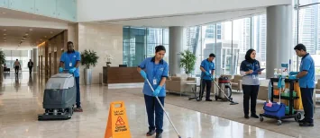 Corporate cleaning team in an office lobby